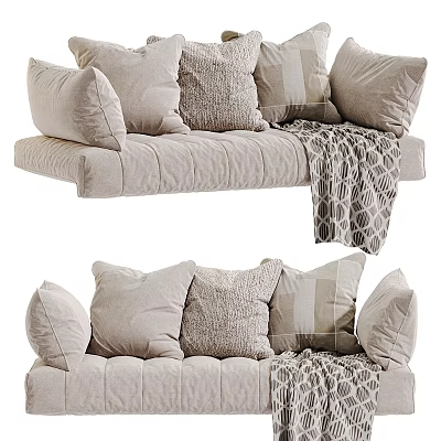 Cozy Neutral Sofa Decor With Multiple Soft Textured Pillows And Knitted Blanket 3d model