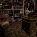Traditional Wooden Bookcase Filled With Books In Study Room With Desk Lamp And Vintage Carpet
