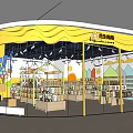 Vibrant Yellow Pet Store With Wavy Roof And Shelves Filled With Pet Supplies