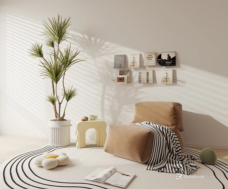 Leisure Chair with Striped Blanket Palm Tree Shelf Rug and Sunlight Shadows in Modern Room 3d model 