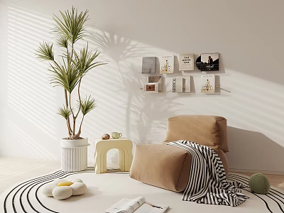 Leisure Chair with Striped Blanket Palm Tree Shelf Rug and Sunlight Shadows in Modern Room 3d model