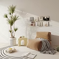 Leisure Chair with Striped Blanket Palm Tree Shelf Rug and Sunlight Shadows in Modern Room
