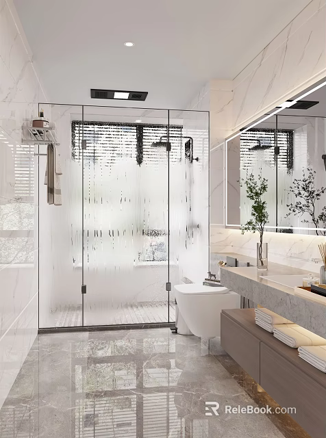Modern Bathroom Interior With Glass Shower Enclosure Marble Countertop Mirror Plant And Toilet 3d model 