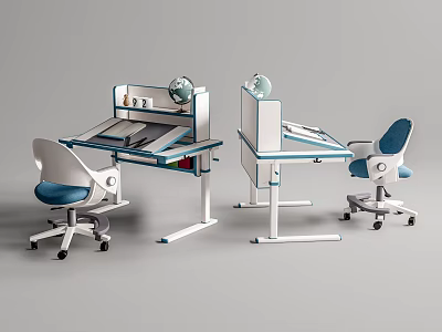 Modern Study Desk With Globe Blue Chair White Frame And Storage 3d model