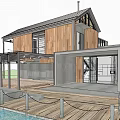 Detached Waterfront Villa With Wooden Structure Glass Elements Outdoor Deck And Boat Among Palm Trees