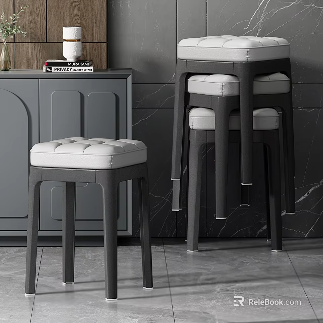 Modern Stackable Stools With Tufted Gray White Leather Seat And Black Legs 3d model 