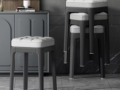 Modern Stackable Stools With Tufted Gray White Leather Seat And Black Legs 3d model