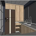 Modern Tea Room With White Cabinets Blue Tile Backsplash Bar Counter Green Stools Hanging Lights