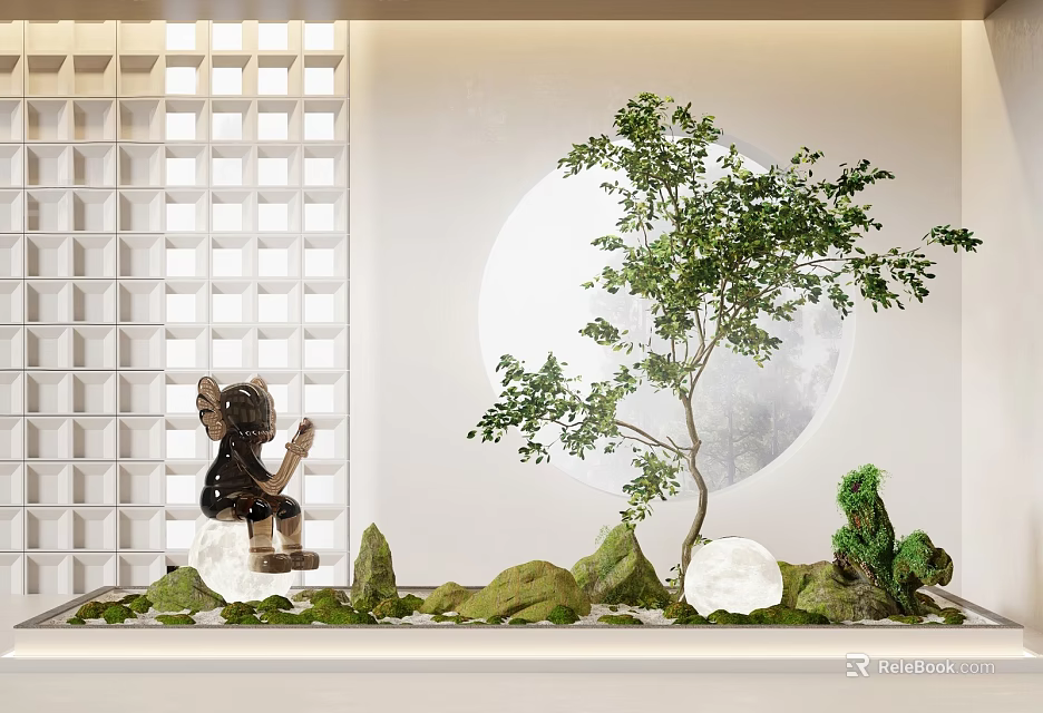 Garden Ornament Design Featuring Lattice Window Moon Backdrop Small Tree Rockery And Sculpture 3d model 
