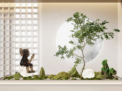 Garden Ornament Design Featuring Lattice Window Moon Backdrop Small Tree Rockery And Sculpture 3d model