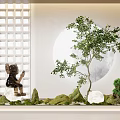 Garden Ornament Design Featuring Lattice Window Moon Backdrop Small Tree Rockery And Sculpture