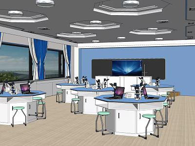Modern Laboratory Interior With Lab Tables Microscopes Computers Large Screens Blue Curtains And Windows 3d model