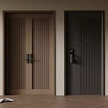 Brown Double And Dark Gray Single Security Doors With Vertical Stripe Design And Smart Lock 3d model