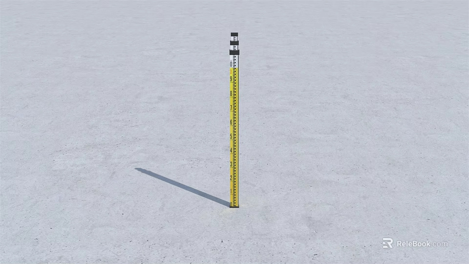 Yellow Industrial Measuring Rod With Black Markings And White Top Standing On Ground 3d model 