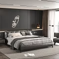 Modern Double Bed with Dark Background Wall Abstract Face Art Ambient Lighting and Gray Armchair