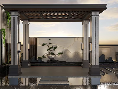 Traditional Garden Pavilion Featuring Stone Columns Pine Tree Water Feature And Landscape Wall Design 3d model