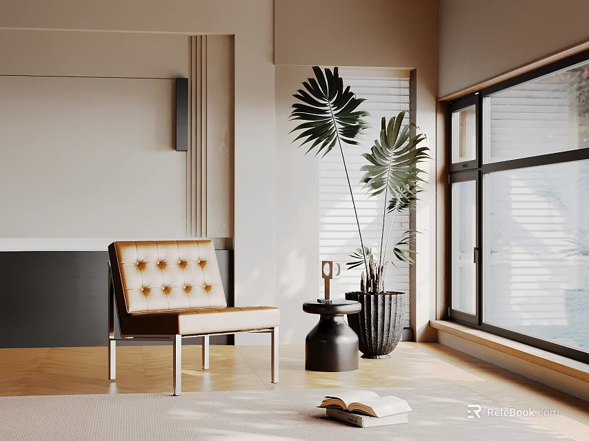 Ornamental Decor Set with Beige Tufted Chair Black Side Table Green Plants by Window Sunlight Wooden Floor 3d model 