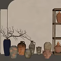 Rustic Ceramic Vessels Of Various Sizes In Window Corner With Wooden Shelf And Twigs