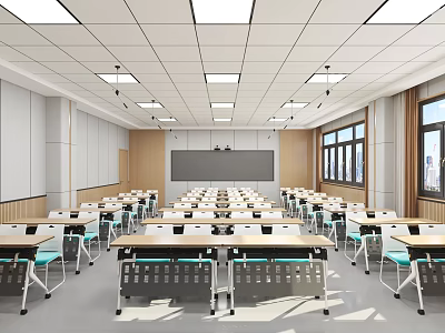 School Modern Spacious Classroom Interior With Desks Chairs Blackboard And Windows 3d model
