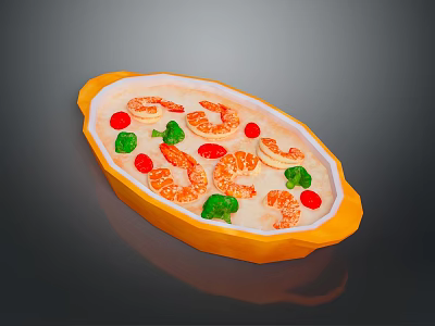 Fresh Shrimp in Orange Oval Plate with Red Cherry Tomatoes Green Broccoli and White Sauce 3d model