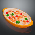 Fresh Shrimp in Orange Oval Plate with Red Cherry Tomatoes Green Broccoli and White Sauce