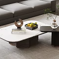 Modern Marble Coffee Table With Fruit Tray Books Decorative Sculpture And Side Table With Plant