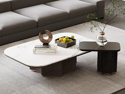 Modern Marble Coffee Table With Fruit Tray Books Decorative Sculpture And Side Table With Plant 3d model