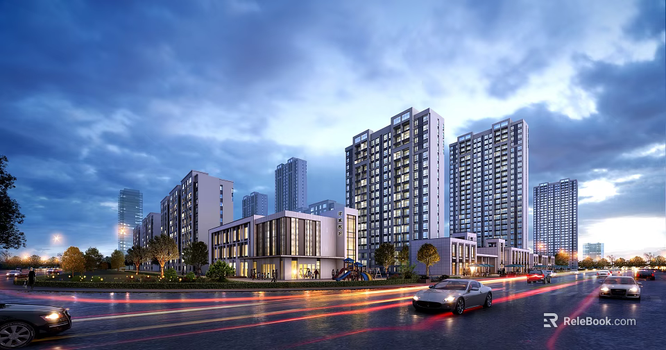 Modern Commercial Street With Bright Lights Modern Buildings And Moving Vehicles At Dusk 3d model 
