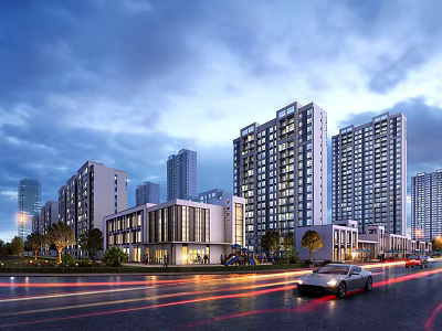 Modern Commercial Street With Bright Lights Modern Buildings And Moving Vehicles At Dusk 3d model
