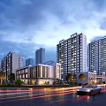 Modern Commercial Street With Bright Lights Modern Buildings And Moving Vehicles At Dusk