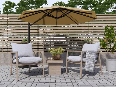 Rattan Outdoor Sofa Set With Cushions Umbrella And Side Table In Patio Garden 3d model