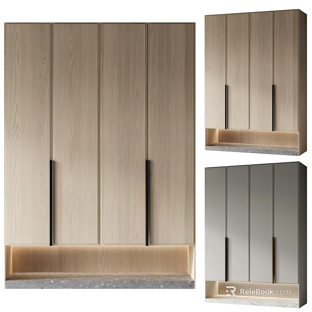 Modern Wooden Shoe Cabinet Design With Metal Handles And Storage Compartments 3d model 