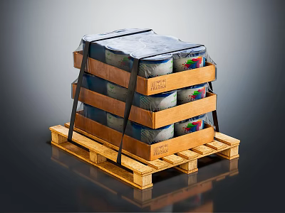 Stacked Wooden Crates With Cans On Wooden Pallet Covered In Plastic 3d model