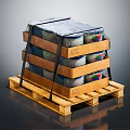 Stacked Wooden Crates With Cans On Wooden Pallet Covered In Plastic