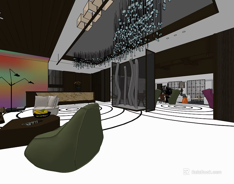 Modern Store Front Desk With Chandelier Seating Area Circular Pattern Carpet And Decorative Accents 3d model 
