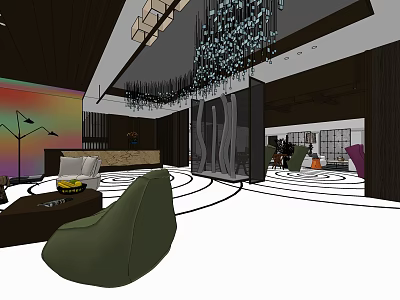 Modern Store Front Desk With Chandelier Seating Area Circular Pattern Carpet And Decorative Accents 3d model