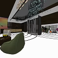 Modern Store Front Desk With Chandelier Seating Area Circular Pattern Carpet And Decorative Accents