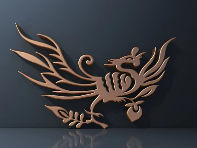 Golden Phoenix Themed Wall Decor With Intricate Feather And Curved Tail Design 3d model