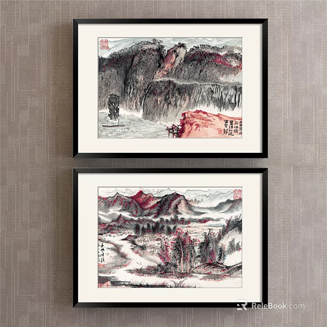 Traditional Chinese Framed Landscape Paintings With Red Mountains Rivers And Trees 3d model 