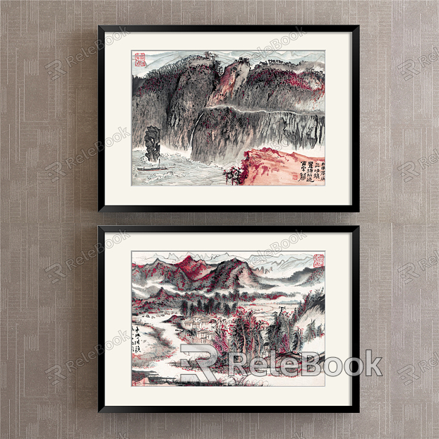 Chinese Landscape Painting Red Living Room Landscape model