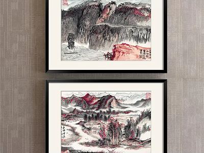 Traditional Chinese Framed Landscape Paintings With Red Mountains Rivers And Trees 3d model