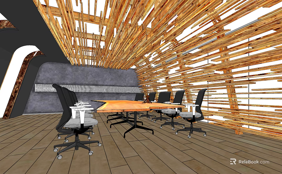 Modern Conference Room With Wooden Ceiling Structure Gray Wall And Orange Table 3d model 