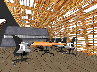 Modern Conference Room With Wooden Ceiling Structure Gray Wall And Orange Table 3d model