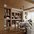 Modern Living Room Interior Design With White Sofa Wooden Bookshelves Coffee Table And Area Rug