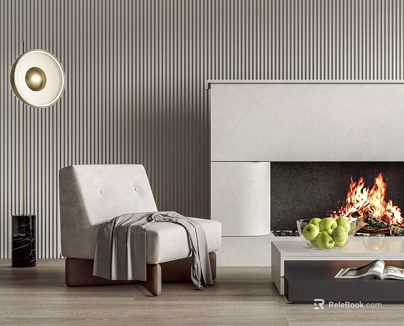 Single Sofa With Blanket Near Fireplace Striped Wall Floor Lamp Coffee Table Fruits And Book 3d model 