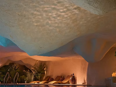 Relaxing Cave Like Indoor Lounge Chairs By Swimming Pool With Plants And Ambient Lighting 3d model