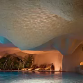Relaxing Cave Like Indoor Lounge Chairs By Swimming Pool With Plants And Ambient Lighting
