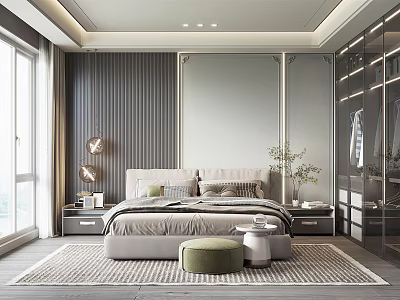 Modern Bedroom Interior With Comfortable King Bed Nightstands Large Mirror And Soft Rug 3d model
