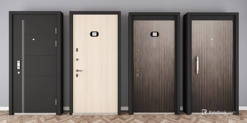 Various Security Doors with Modern Lock Systems and Wood Grain Surface Designs 3d model