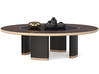 Elegant Round Dining Table With Dark Surface Gold Accents Black Base And Decorative Items 3d model